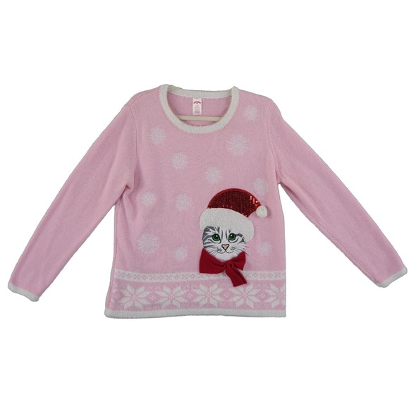 Holiday Time Sweaters - Holiday Time Sweater Women's Size Large 12-14 Pink Christmas Cat Santa Sequin